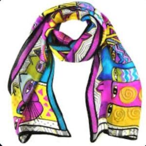 Laurel Burch Vibrant Multicolor Abstract Cat Print 100% Silk Rectangle Scarf